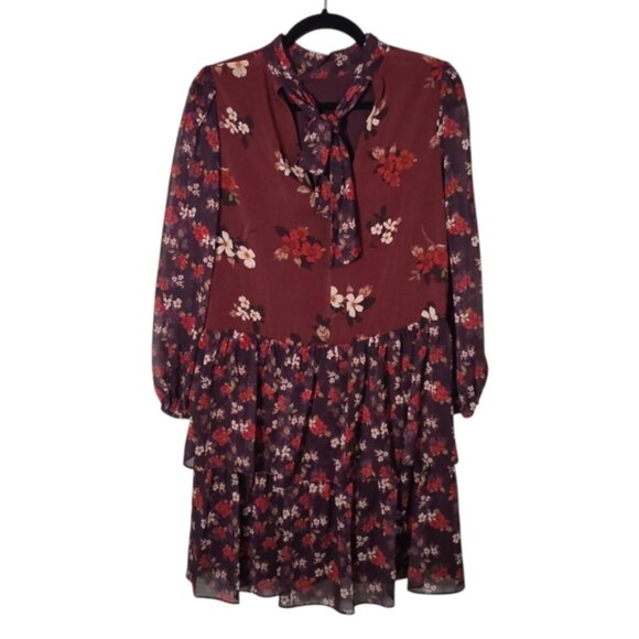 Eliza J Burgundy Floral Long Sleeve Tiered Dress Size 4 - Picture 6 of 12